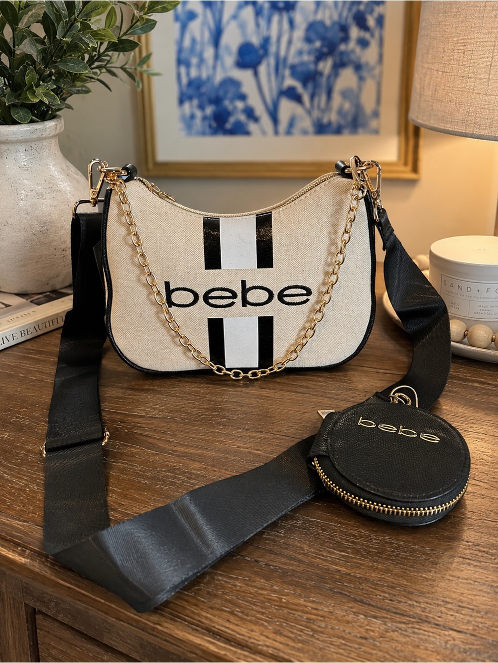 NWT bebe Canvas Logo Shoulder Bag w/ Gold Chain, Wide Strap & Coin Pouch
